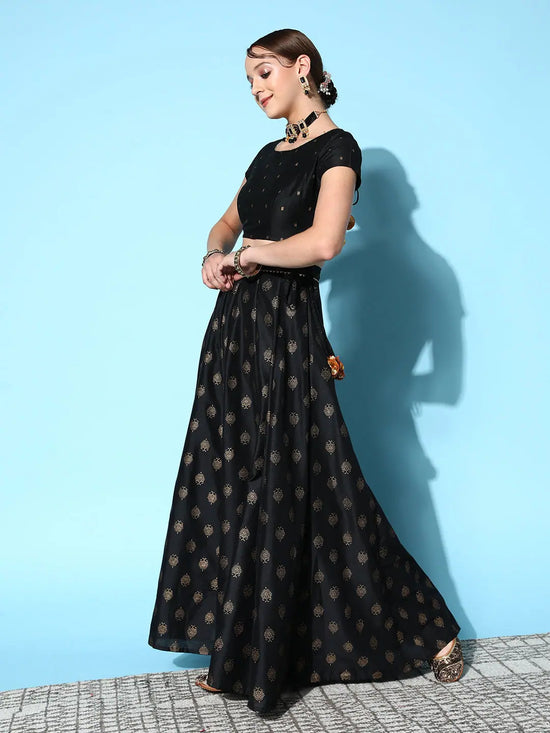 Women Black Cotton Silk Foil Crop Top With Anarkali Skirt