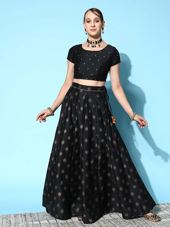 Women Black Cotton Silk Foil Crop Top With Anarkali Skirt