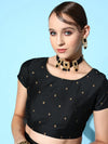 Women Black Cotton Silk Foil Crop Top With Anarkali Skirt