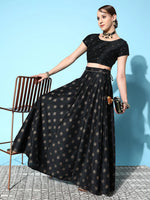 Women Black Cotton Silk Foil Crop Top With Anarkali Skirt