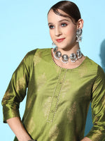 Women Green Cotton Silk Floral Foil Kurta With Pencil Pants