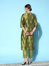 Women Green Cotton Silk Floral Foil Kurta With Pencil Pants