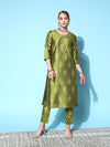 Women Green Cotton Silk Floral Foil Kurta With Pencil Pants