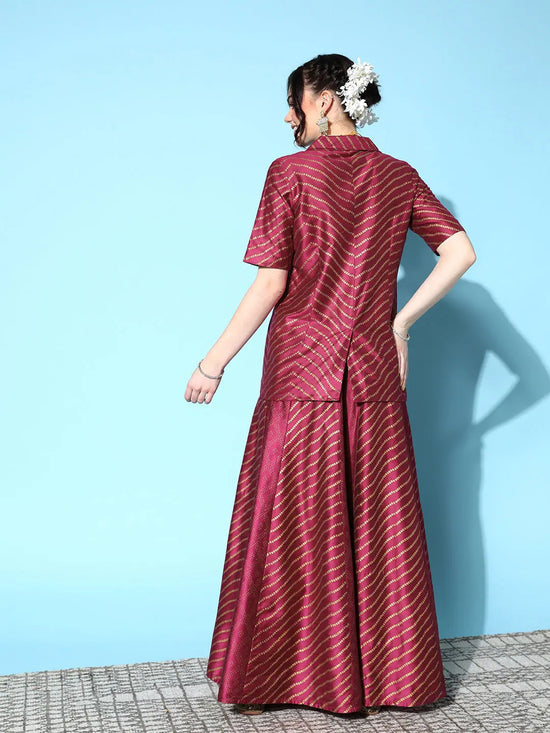 Women Burgundy Cotton Silk Foil Blazer With Anarkali Skirt