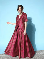 Women Burgundy Cotton Silk Foil Blazer With Anarkali Skirt