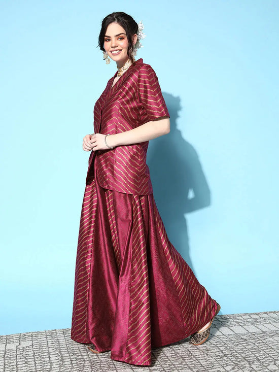 Women Burgundy Cotton Silk Foil Blazer With Anarkali Skirt