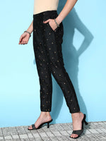 Women Black Cotton Silk Geo Foil Pencil Pants