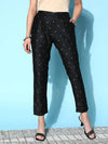 Women Black Cotton Silk Geo Foil Pencil Pants