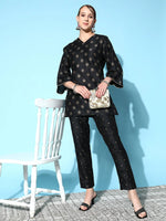 Women Black Cotton Silk Geo Foil Pencil Pants