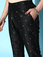 Women Black Cotton Silk Geo Foil Pencil Pants