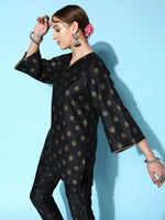 Women Black Cotton Silk Floral Foil Short Kurta