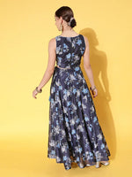 Women Navy Floral Sweetheart Crop Top With Anarkali Skirt