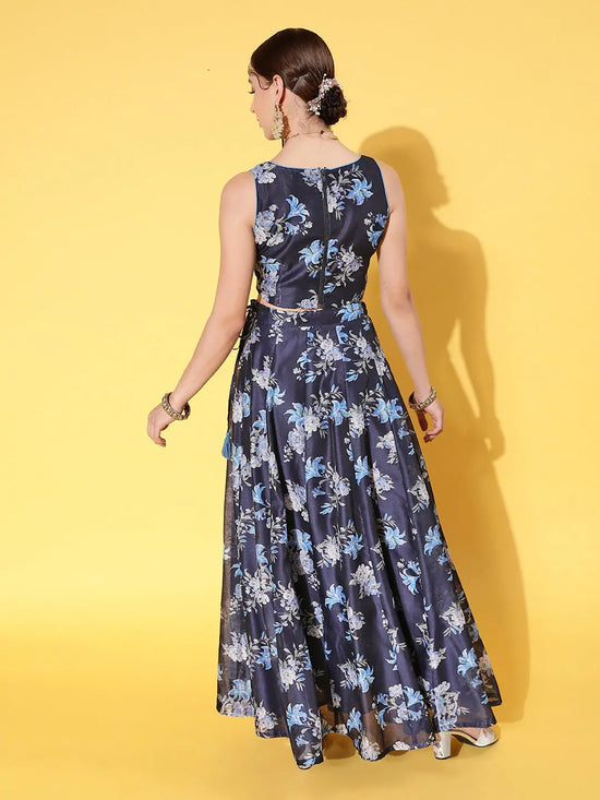 Women Navy Floral Sweetheart Crop Top With Anarkali Skirt