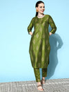 Women Green Cotton Silk Floral Foil Straight Kurta