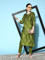 Women Green Cotton Silk Floral Foil Straight Kurta