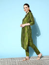 Women Green Cotton Silk Floral Foil Straight Kurta