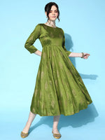 Women Green Cotton Silk Foil Anarkali Dress