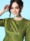 Women Green Cotton Silk Foil Anarkali Dress