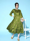 Women Green Cotton Silk Foil Anarkali Dress