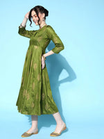 Women Green Cotton Silk Foil Anarkali Dress