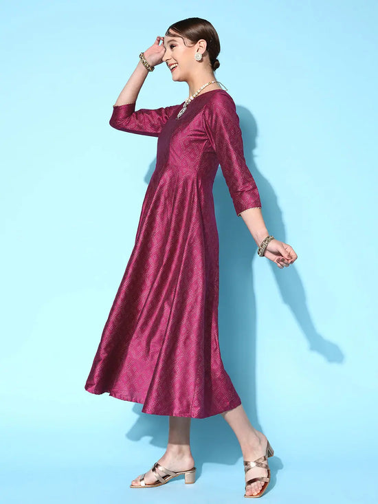 Women Burgundy Cotton Silk Foil Anarkali Dress