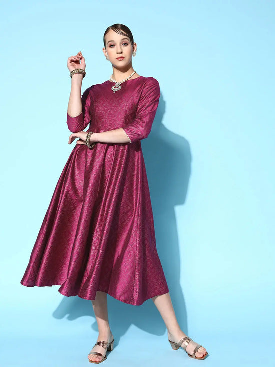 Women Burgundy Cotton Silk Foil Anarkali Dress