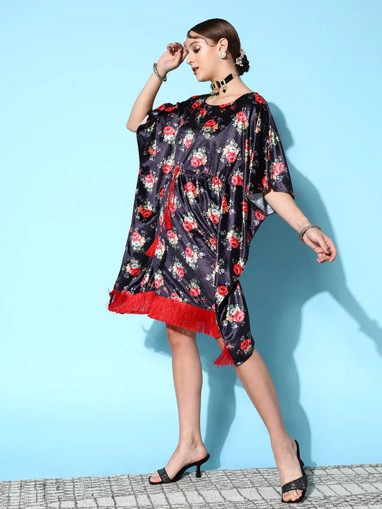 Women Navy Floral Velvet High Low Kaftan Dress