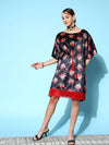 Women Navy Floral Velvet High Low Kaftan Dress