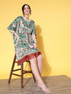 Women Sea Green Floral Velvet High Low Kaftan Dress