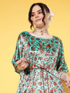 Women Sea Green Floral Velvet High Low Kaftan Dress