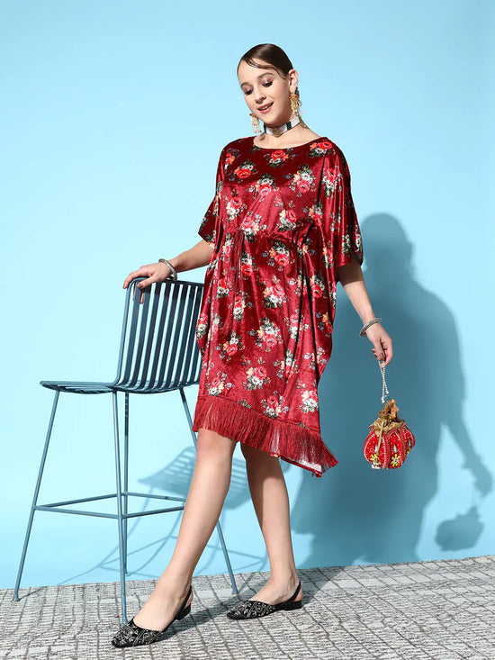 Women Maroon Floral Velvet High Low Kaftan Dress