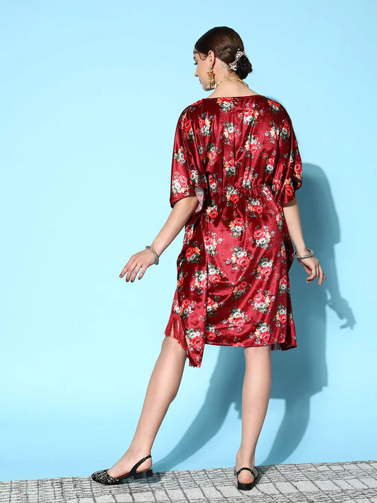 Women Maroon Floral Velvet High Low Kaftan Dress