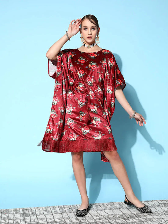 Women Maroon Floral Velvet High Low Kaftan Dress