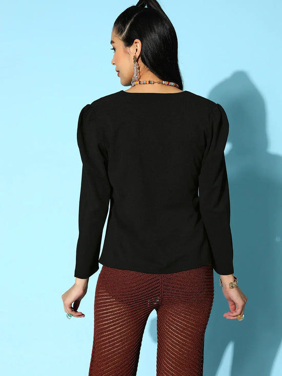 Women Black Canton Front Open Wrap Top