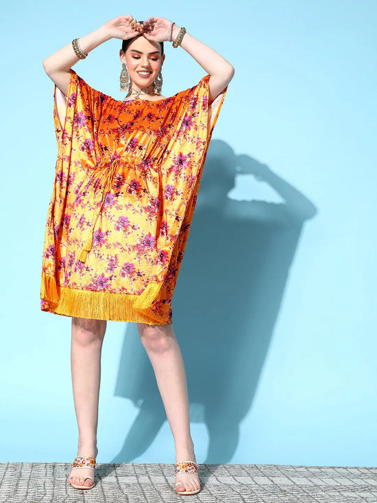 Women Orange Floral Velvet High Low Kaftan Dress