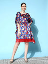 Women Royal Blue Floral Velvet High Low Kaftan Dress