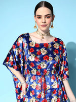 Women Royal Blue Floral Velvet High Low Kaftan Dress