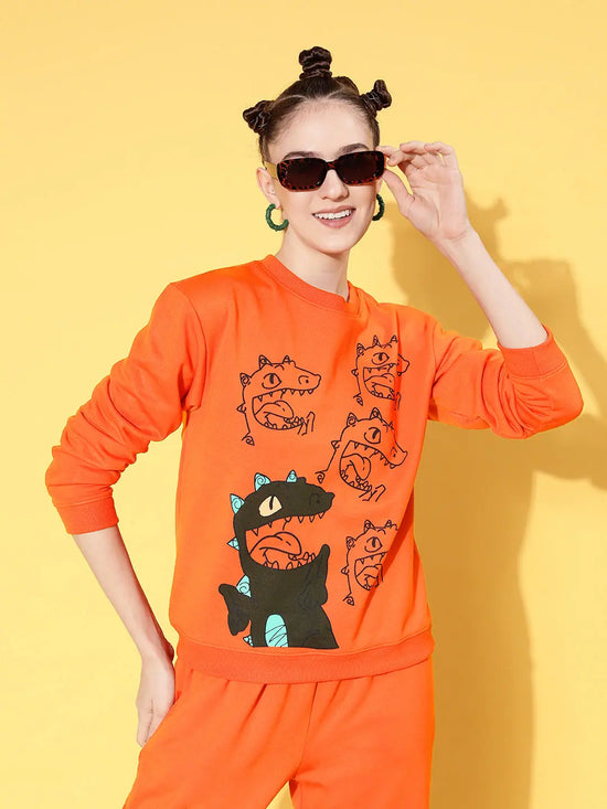 Women Orange Fleece Dragon Sweatshirt