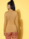 Women Beige Rib High Neck Button Detail Sweater