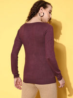 Women Purple Boat Neck Eyelet Sweater