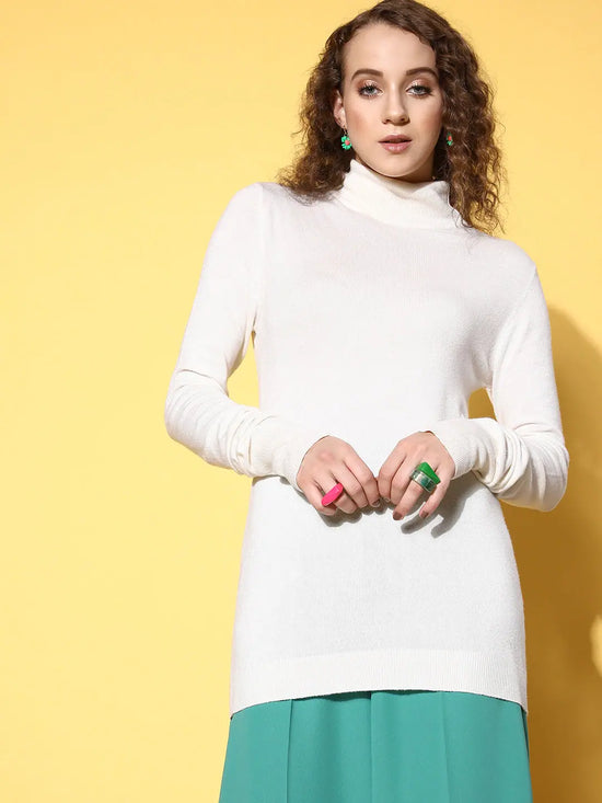 Women White Rib High Neck Button Detail Sweater