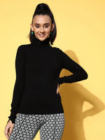 Women Black Rib High Neck Button Detail Sweater