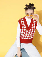 Women Red Houndstooth V-Neck Sleeveless Sweater