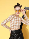 Women Brown And White Houndstooth Crop Sweater