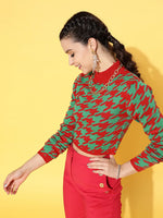 Women Red And Green Houndstooth Crop Sweater