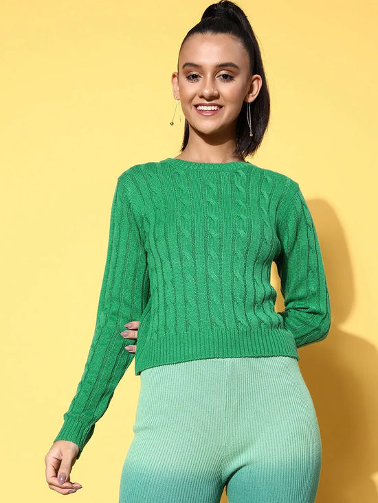 Women Green Cableknit Full Sleeves Sweater