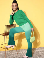 Women Green Cableknit Full Sleeves Sweater