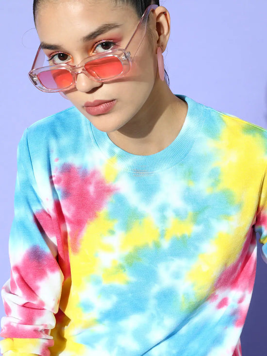 Women Blue & Pink Terry Tie-Dye Sweatshirt