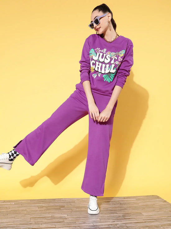 Women Purple Fleece JUST CHILL Sweatshirt With Track Pants