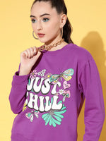 Women Purple Fleece JUST CHILL Sweatshirt With Track Pants